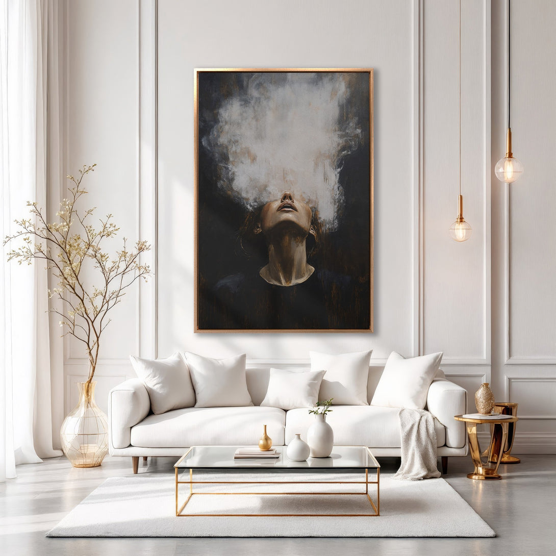 Framed Wall Art: Abstract portrait in moody tones. Modern canvas print with a neutral palette, perfect for elegant home decor.