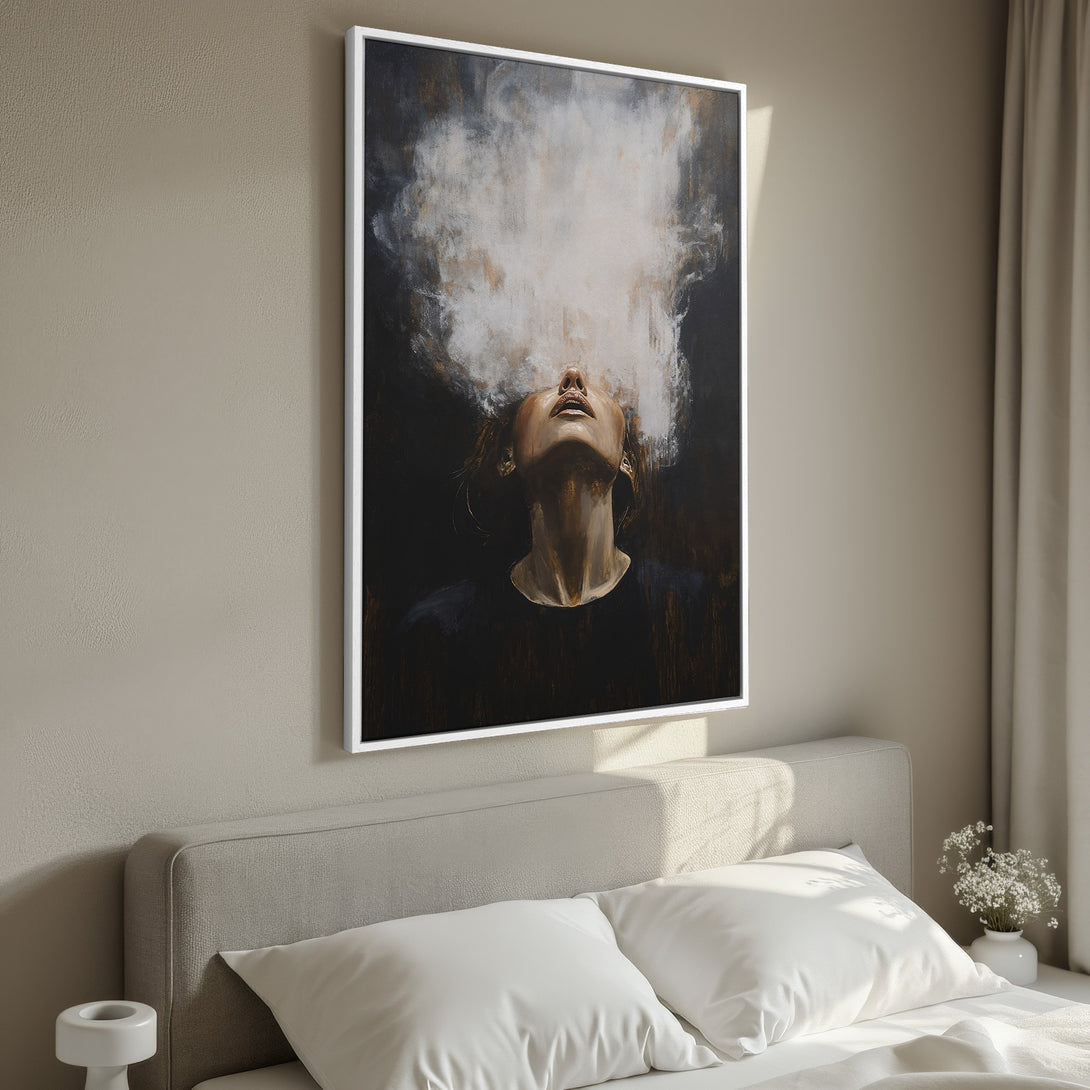 Framed Wall Art: Abstract portrait canvas print in neutral tones. Modern art with a moody, artistic style. Perfect for bedroom decor.