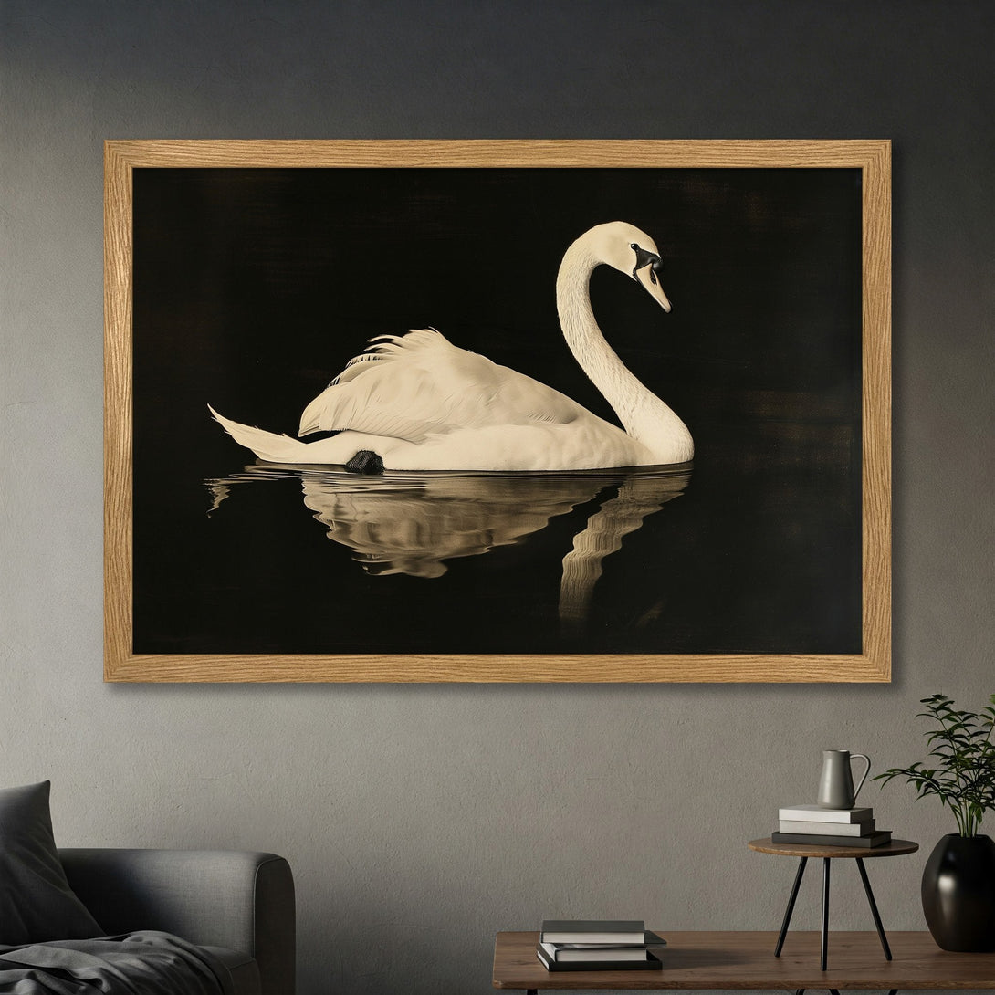 Framed Poster featuring a serene swan on dark water, sepia tones. Elegant wall art for a calming home.
