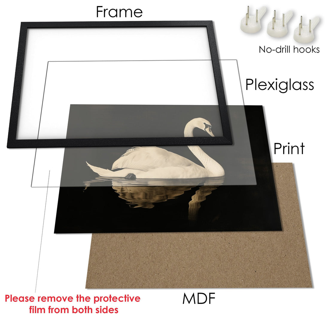 Framed Poster of a swan in monochrome style. Elegant wall art with a neutral color palette, perfect for any decor.