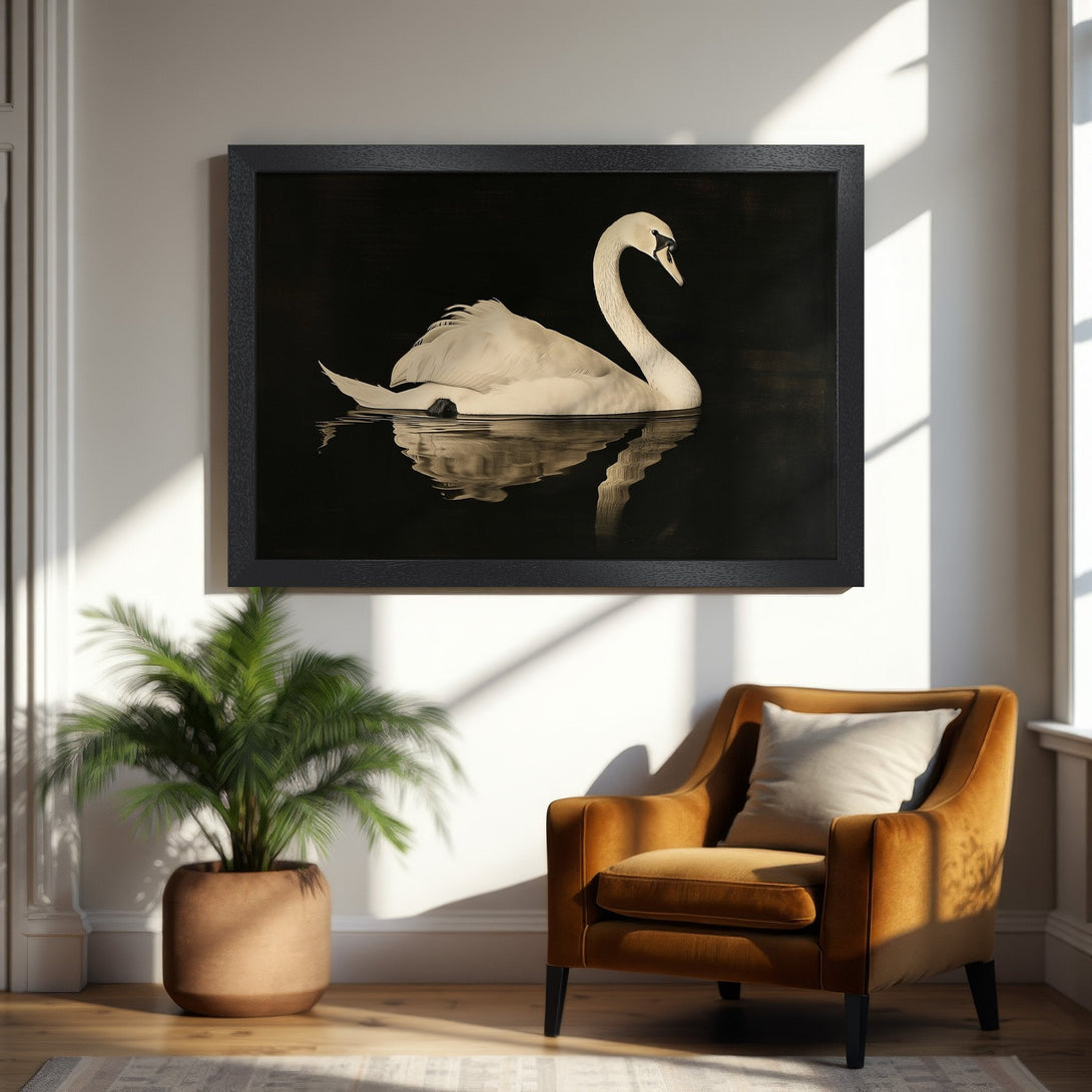 Framed Poster of a swan in monochrome style, elegant and serene. Black and white color palette, perfect for home decor.
