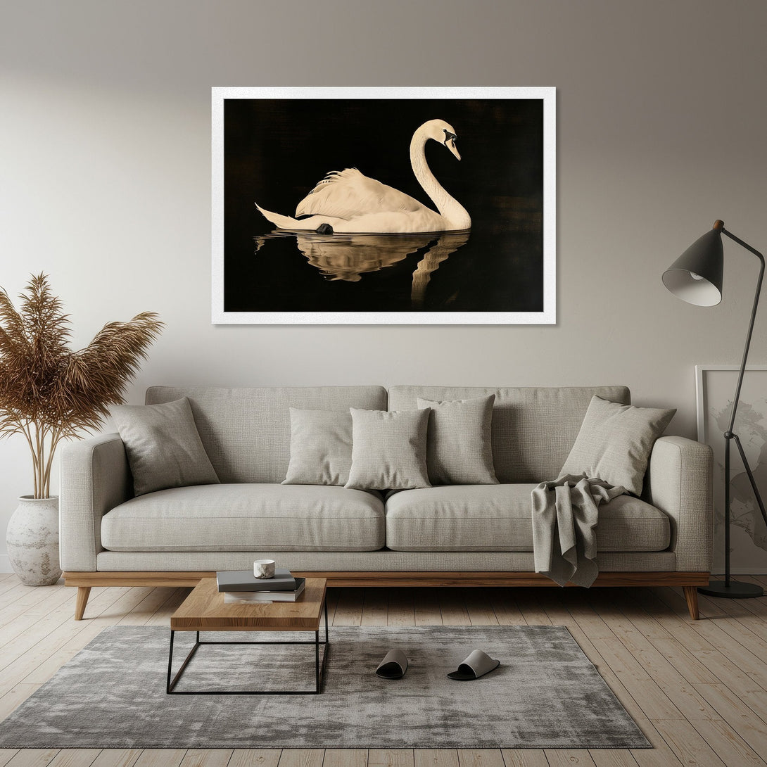 Framed Poster featuring a serene swan on dark water, sepia tones. Elegant art for your home.