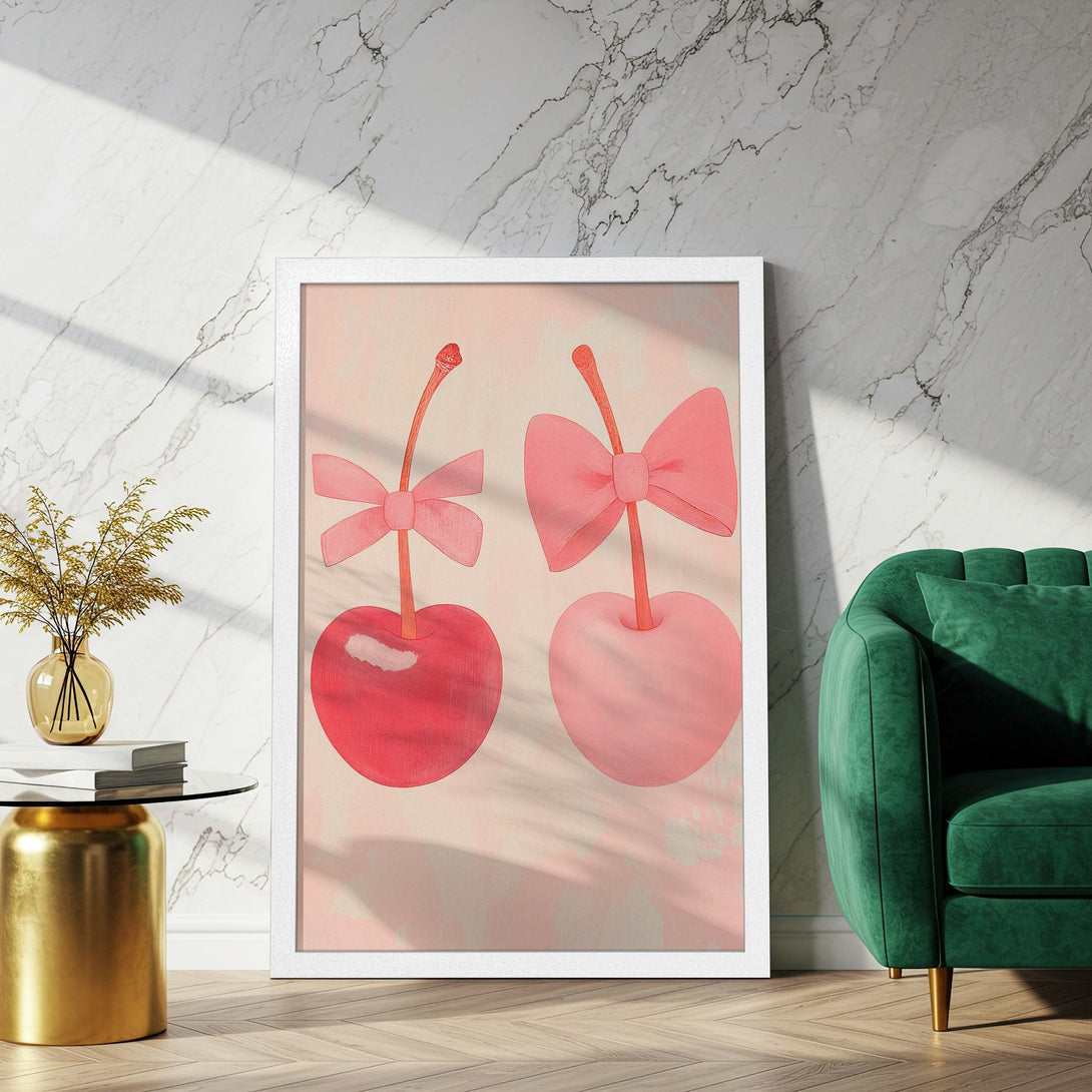 Framed Poster featuring two cherries with bows in a playful, pop art style. Pink and red color palette, perfect wall art for your home!