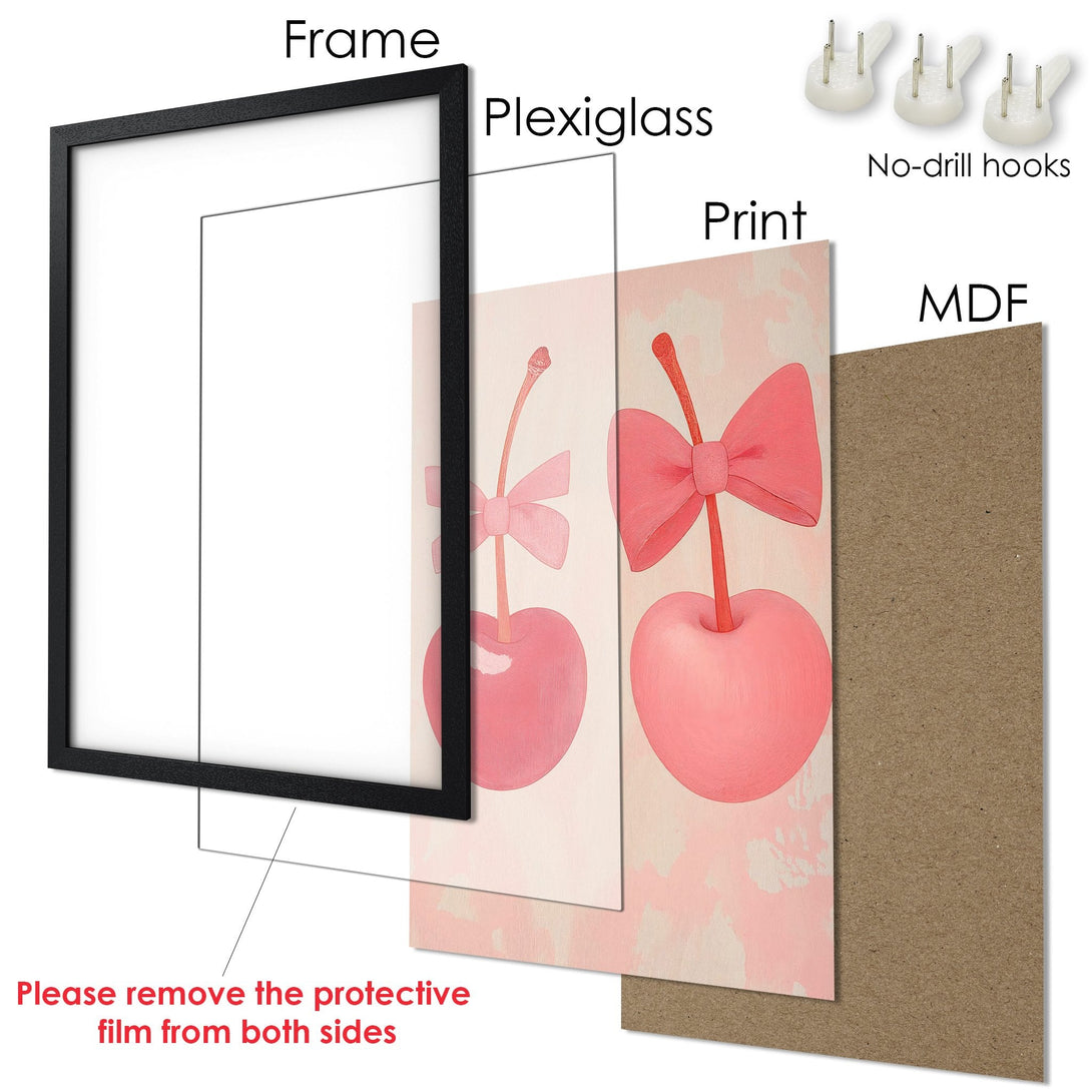 Framed Poster featuring pink cherries with bows, soft pastel colors. Perfect wall art for a modern, feminine touch.