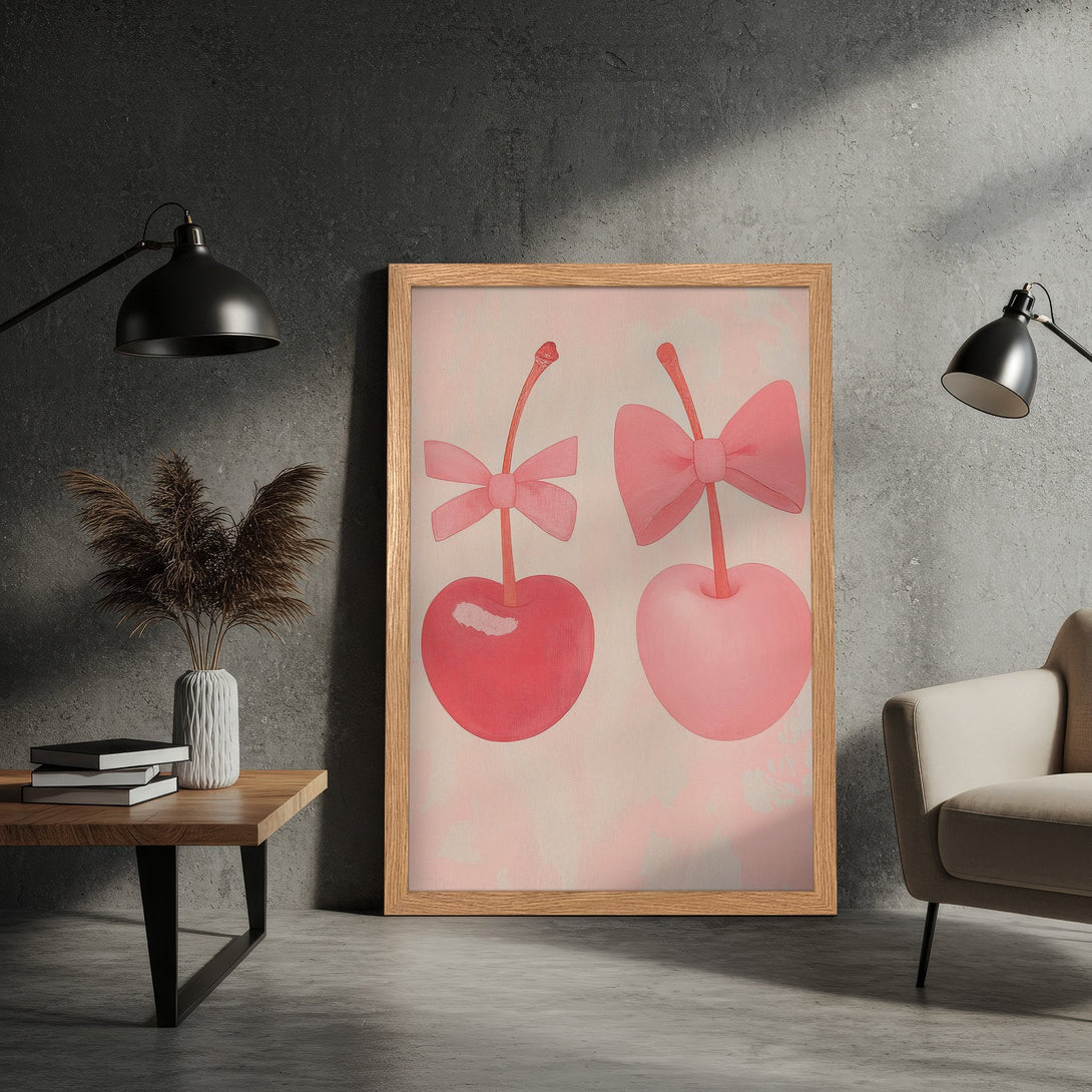 Framed Poster featuring whimsical cherry art with pink bows, soft color palette, perfect for home decor.