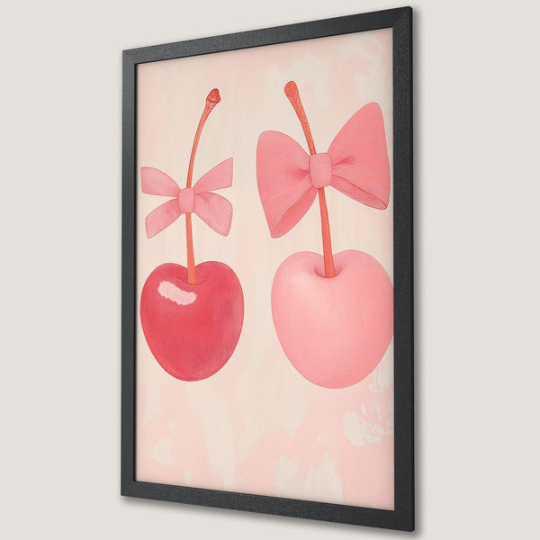Framed Poster featuring whimsical cherries with pink bows. Soft, painterly style in a blush and red color palette. Perfect wall art!