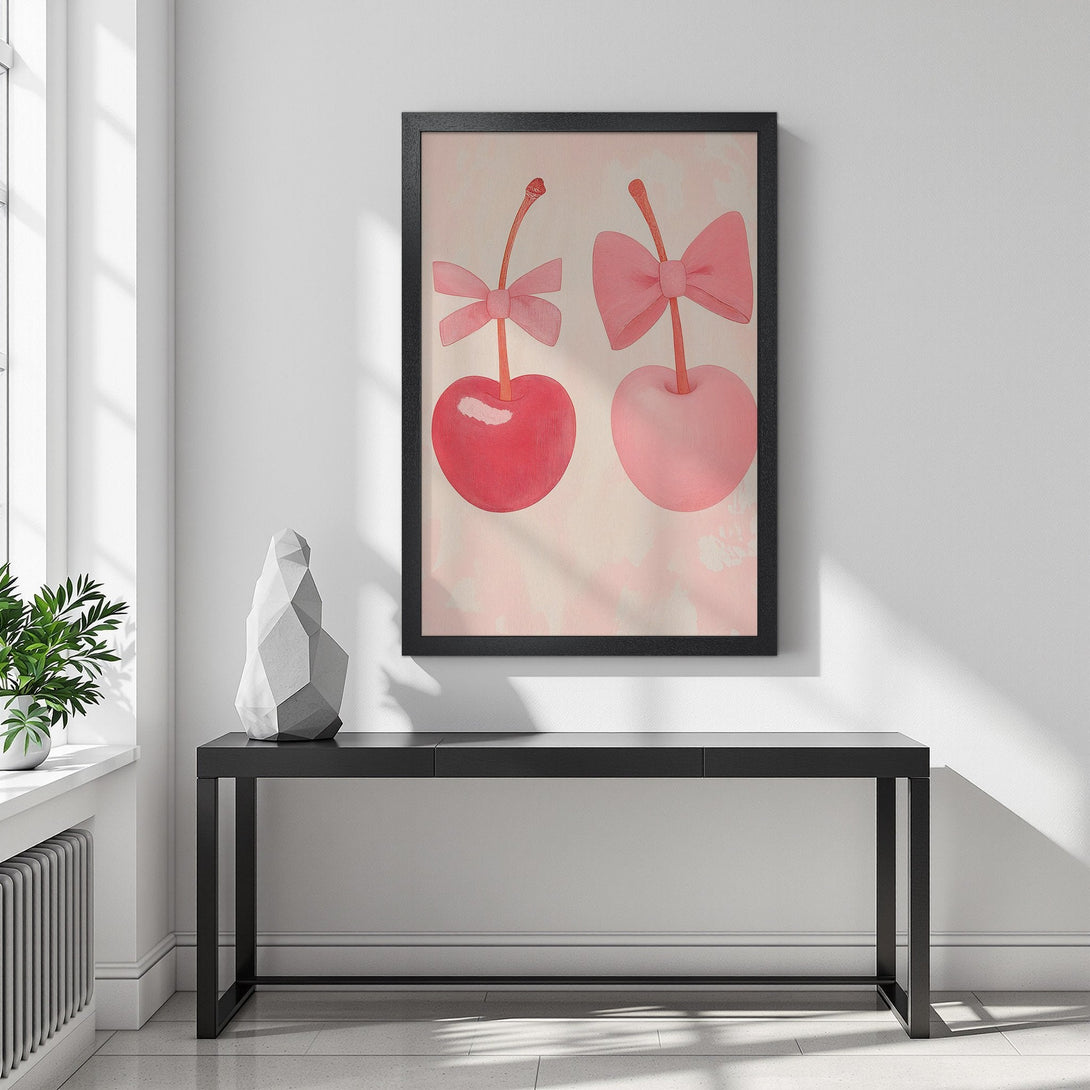 Framed Poster featuring whimsical cherries with bows in pink and red, soft watercolor style, perfect wall art.