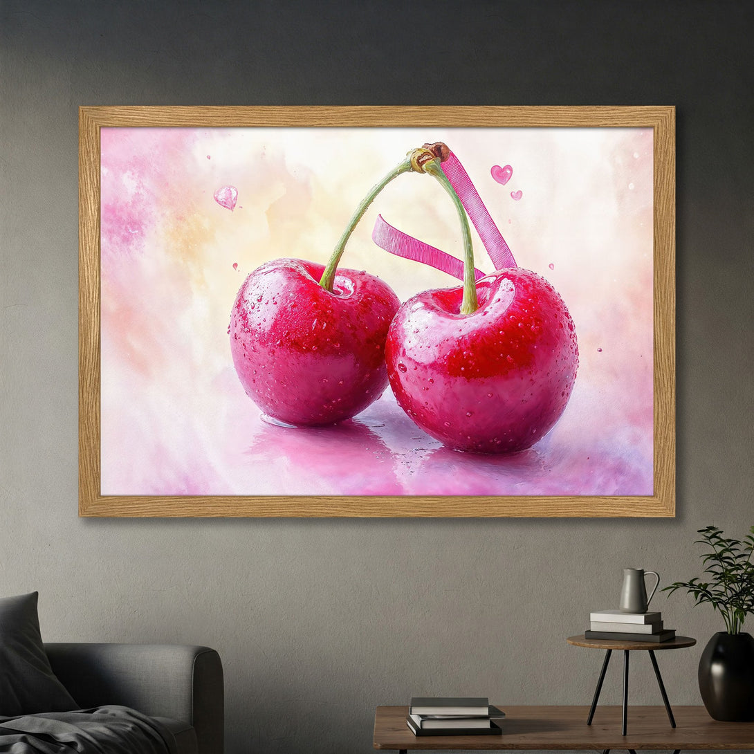 Framed Poster featuring watercolor cherries with pink and red hues, perfect for kitchen decor.