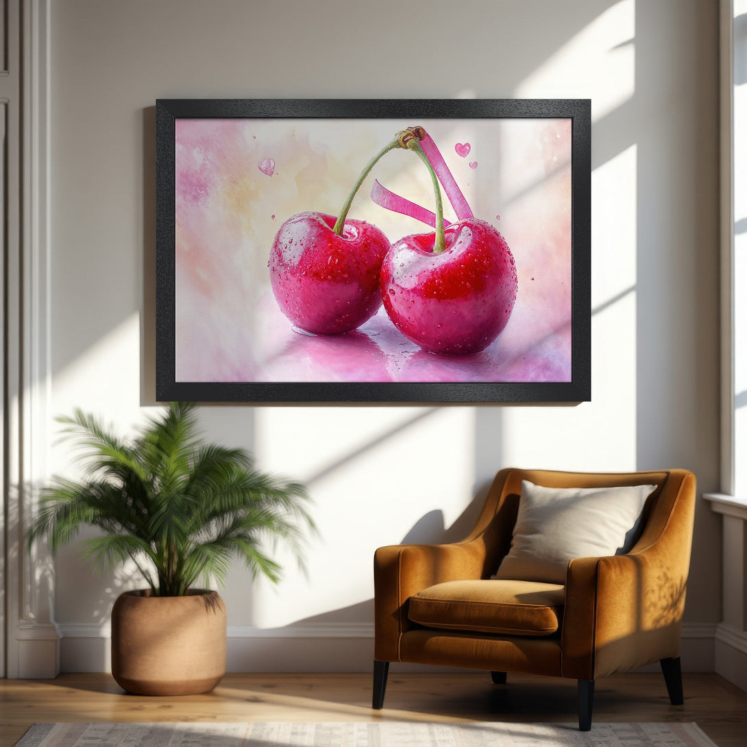 Framed Poster featuring watercolor cherries in a pink and red color palette. Perfect wall art for your home decor.