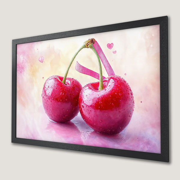 Framed Poster featuring watercolor cherries with a pink and red color palette, perfect for kitchen decor.