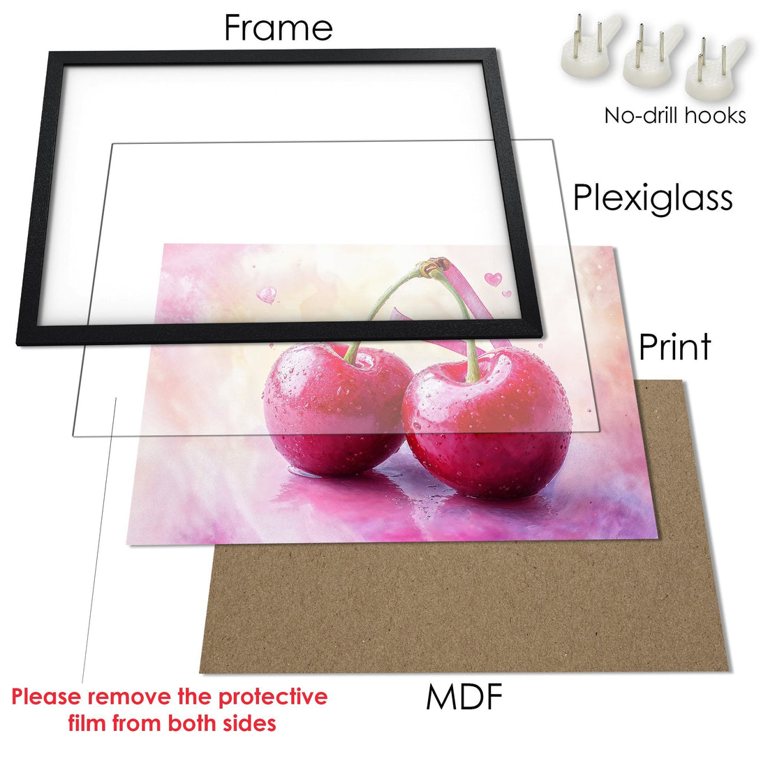 Framed Poster featuring watercolor cherries in a pink and red color palette. Perfect wall art!