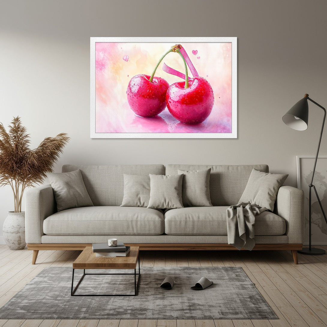 Framed Poster of watercolor cherries with a pink and red color palette. Perfect for kitchen or dining room decor.