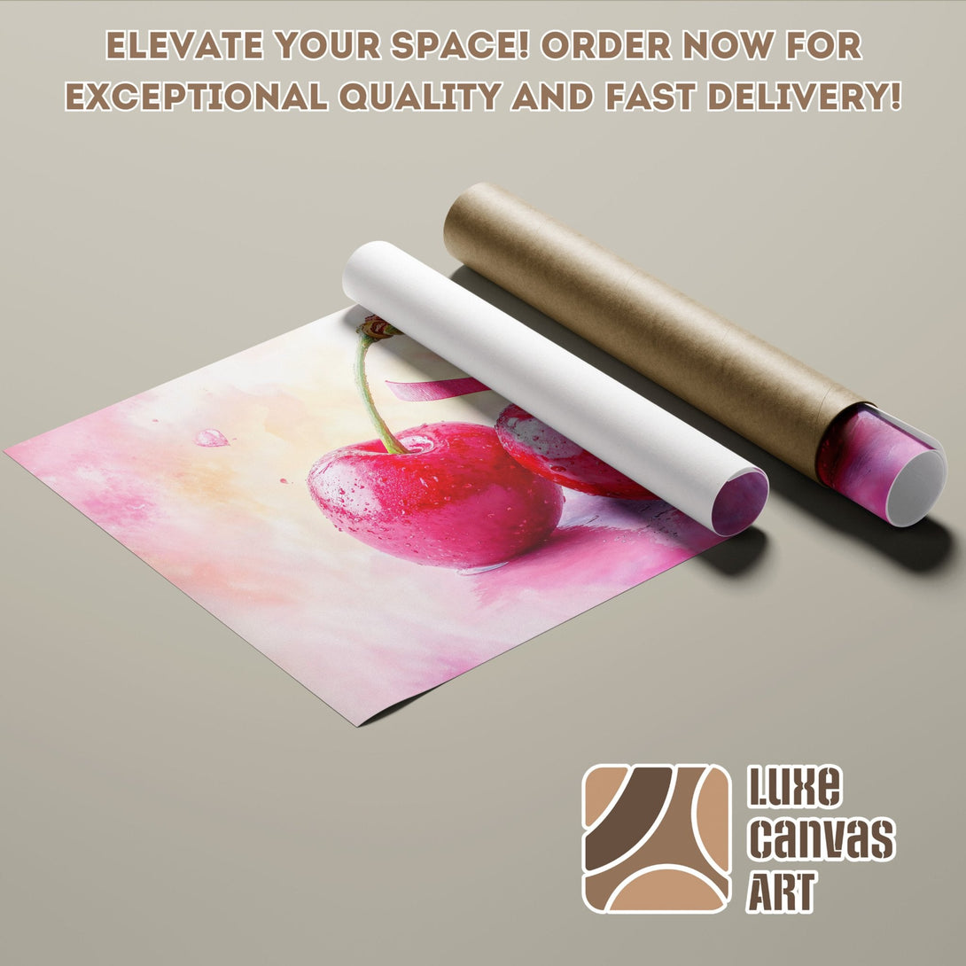 Watercolor cherry Poster Roll art, pink and red tones. Elevate your space with Luxe Canvas Art!