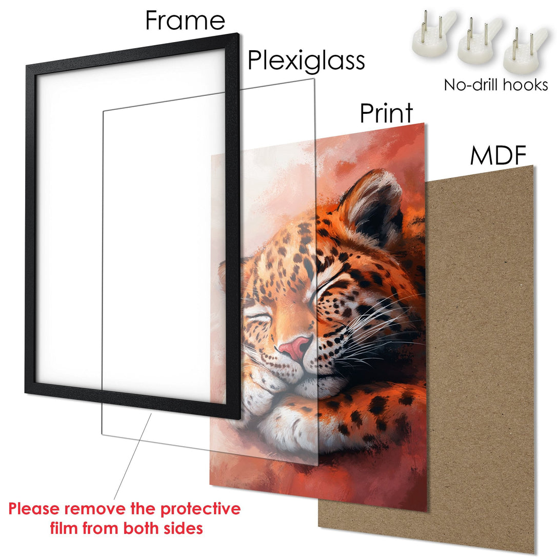 Framed Poster featuring a sleeping leopard in warm orange tones. Beautiful art print ready to hang!
