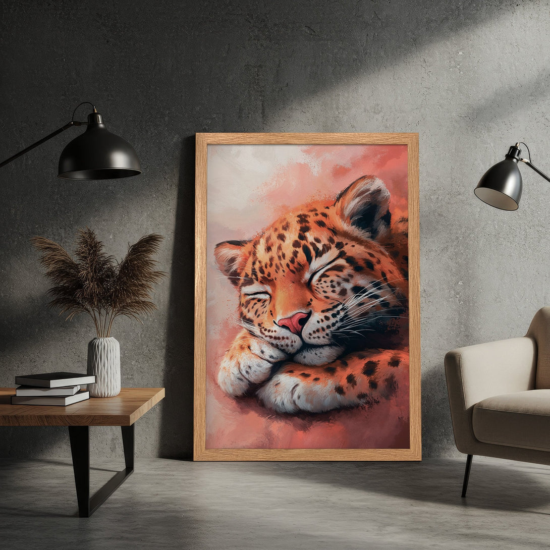 Framed Poster featuring a sleeping leopard, painted in a warm, artistic style with a vibrant orange and pink color palette. Perfect wall art!