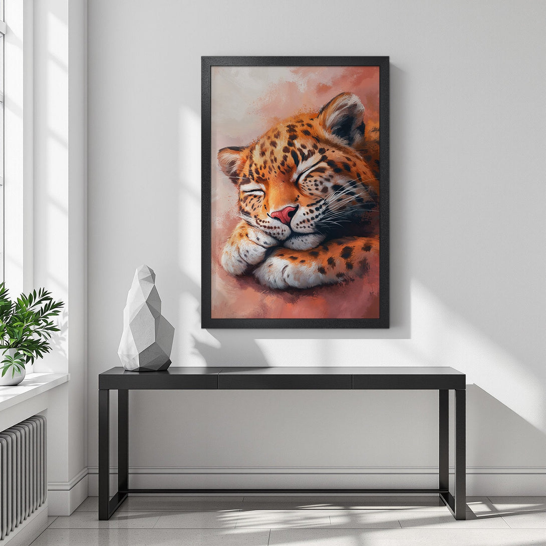 Framed Poster of a sleeping leopard, artistic style, warm orange and pink tones, perfect for home decor.