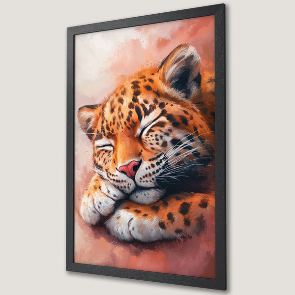 Framed Poster of a sleeping leopard. Artistic style with orange, brown, and pink color palette. Perfect wall art for your home.