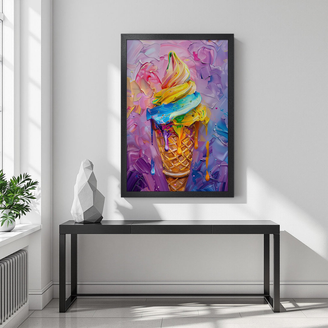 Framed Poster of colorful ice cream cone, oil painting style, vibrant pink, purple, and yellow palette, perfect wall art for your home.