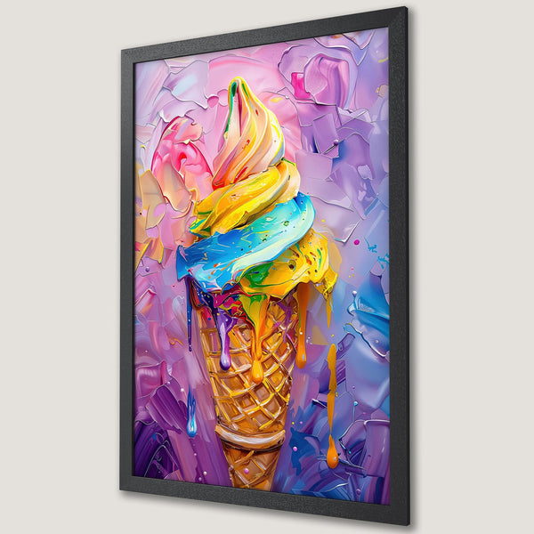 Framed Poster of colorful ice cream cone art in a vibrant, textured style with a purple, pink, and yellow palette. Perfect wall decor!