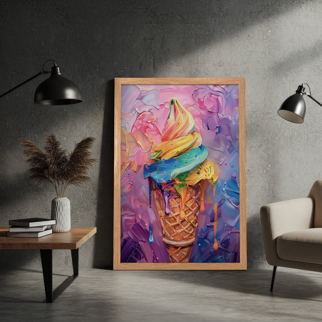 Framed Poster featuring a vibrant, textured ice cream cone artwork. Bold brushstrokes and a colorful palette of pinks, purples, blues, and yellows.