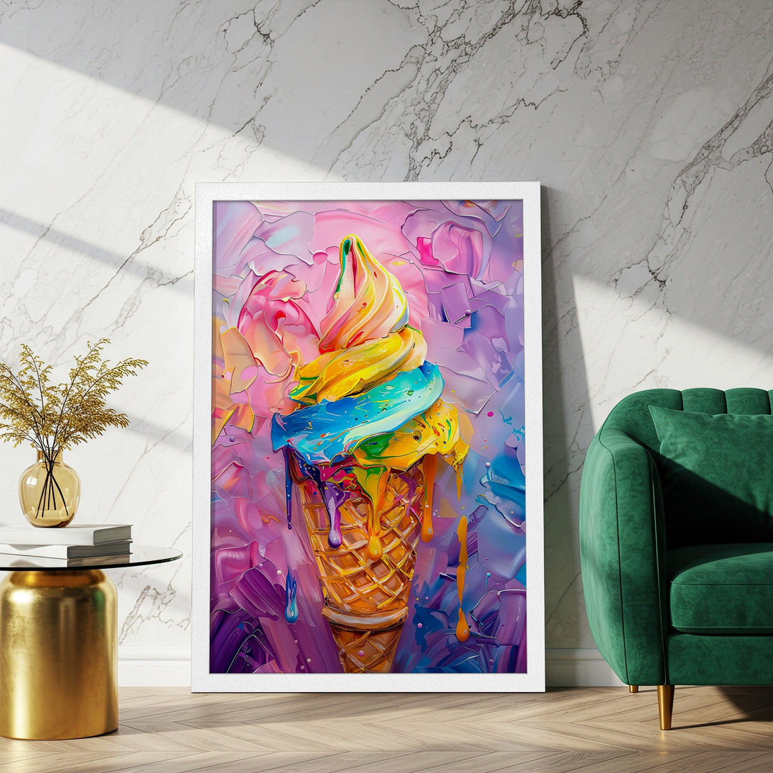 Framed Poster of a vibrant ice cream cone, abstract style, with a colorful palette of pinks, blues, yellows, and purples.