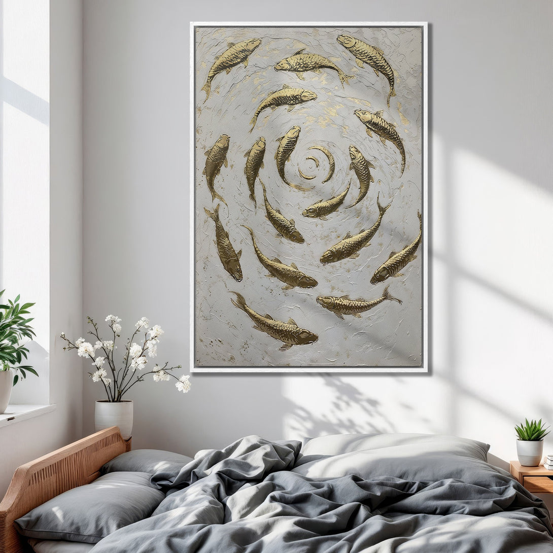 Framed Wall Art: Gold fish artwork in a bedroom. Modern abstract style with a neutral and gold color palette. Perfect for home decor.