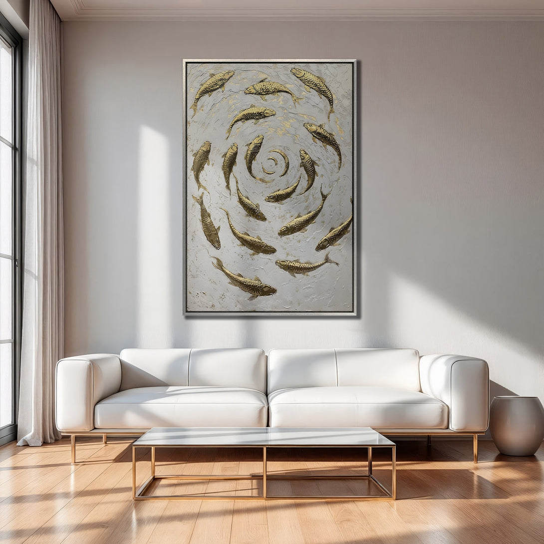 Framed Wall Art: Gold fish art on canvas, modern style, neutral palette. Elevate your space with this stunning artwork!
