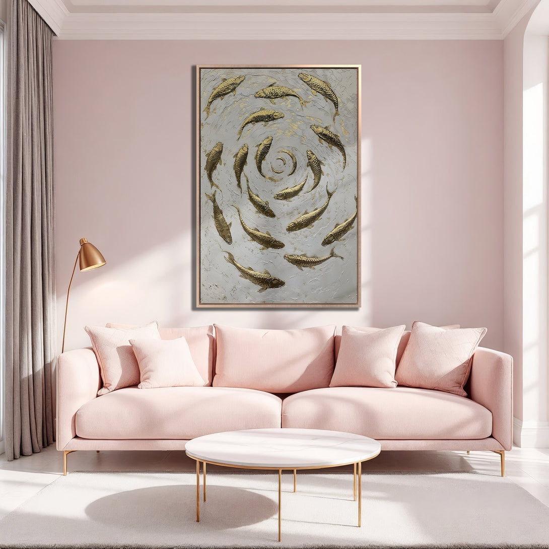 Framed Wall Art featuring gold fish in a swirling pattern, displayed in a pink and gold interior. Modern, elegant decor for your home.