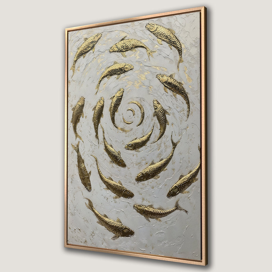 Framed Wall Art: Gold fish swimming in a spiral on a textured canvas. Neutral gray and gold color palette. Modern art for home decor.