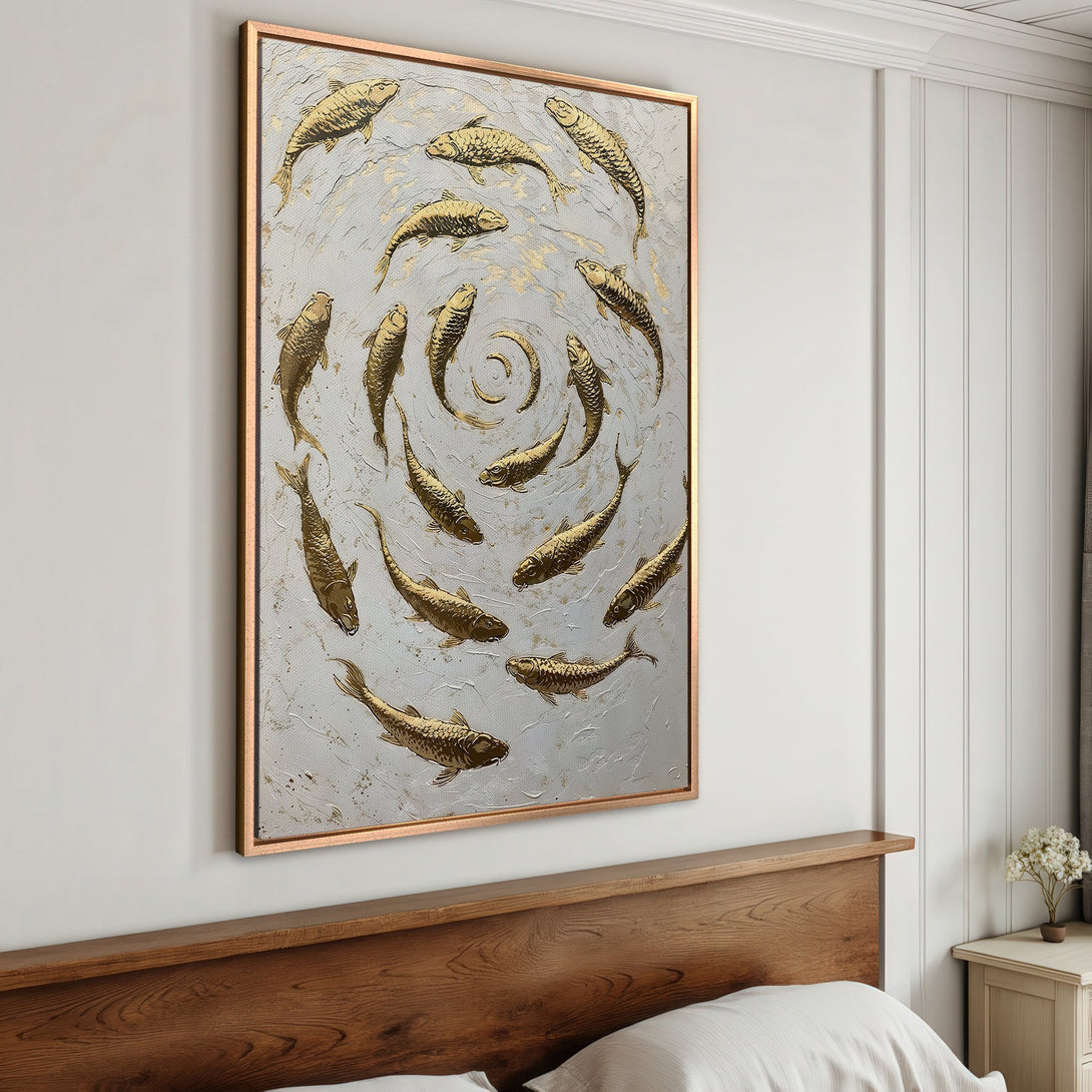 Framed Wall Art: Gold fish abstract art on canvas. Modern home decor with neutral gray and gold color palette. Elevate your space with this stunning artwork.