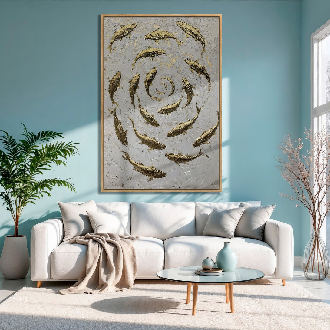 Framed Wall Art: Gold fish abstract art canvas print in a modern living room. Features a neutral and teal color palette for a calming aesthetic.