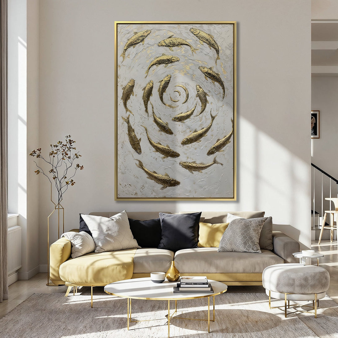 Canvas Print: Gold fish art in a kitchen. Modern abstract style with a neutral, gold, and blush pink color palette. Elevate your space!