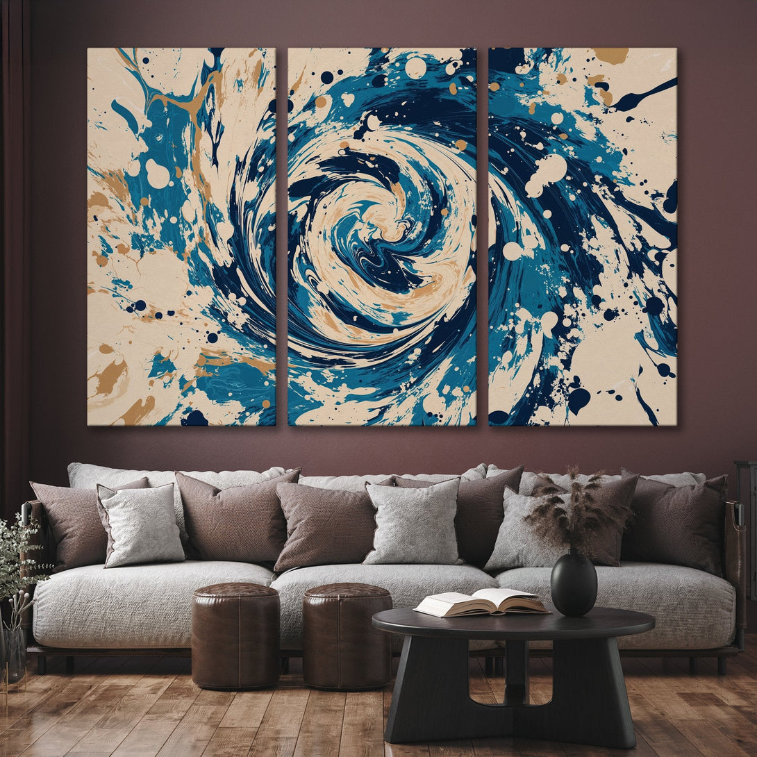 Abstract Canvas Print in blue, beige, and gold. Modern art for your living room. Enhance your home decor with this stylish piece!
