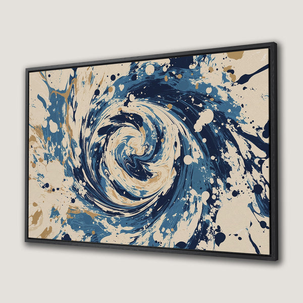 Framed Wall Art: Abstract swirl canvas print in blue, beige, and gold. Modern art for your home decor.