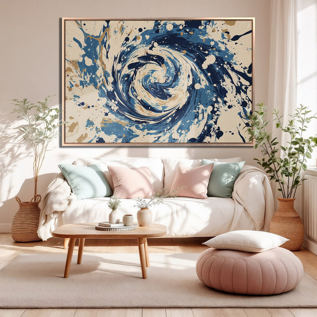 Framed Wall Art: Abstract blue & gold swirl canvas print. Modern art for living room decor. Neutral color palette, perfect for any interior design.
