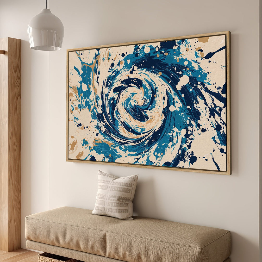 Framed Wall Art: Abstract swirl art in blue, beige, and gold. Modern canvas print for home decor. Enhance your space with this stunning piece.