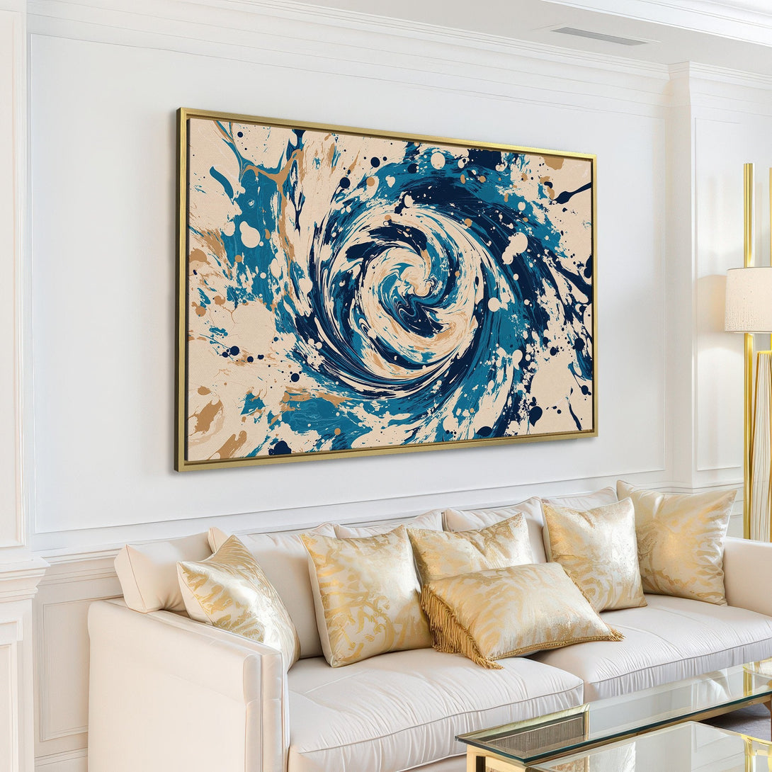 Abstract blue and gold Canvas Print in a modern living room. Add a splash of art to your space!