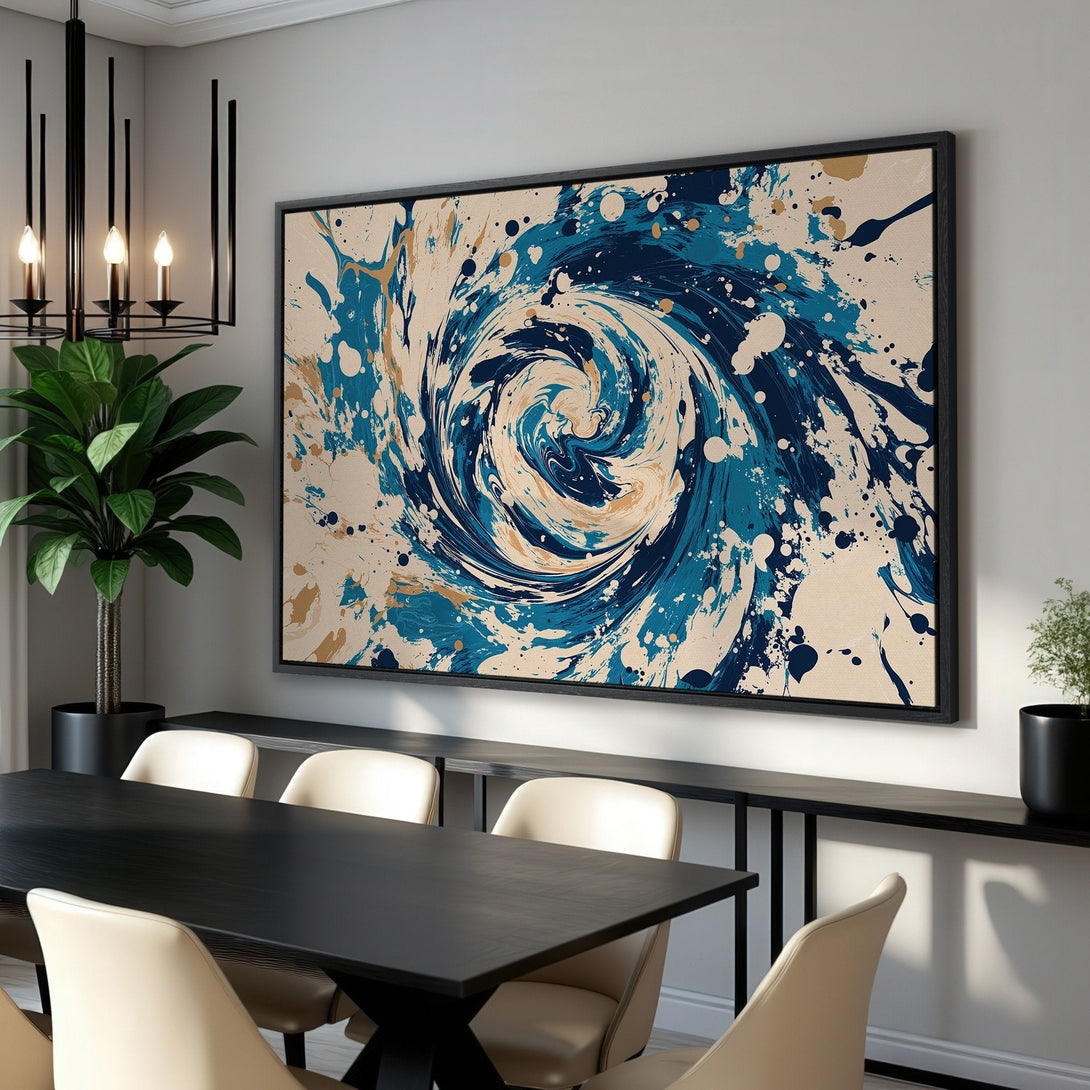 Framed Wall Art: Abstract swirl design in blue, beige, and gold. Modern canvas print adds a stylish touch to any dining room or living space.