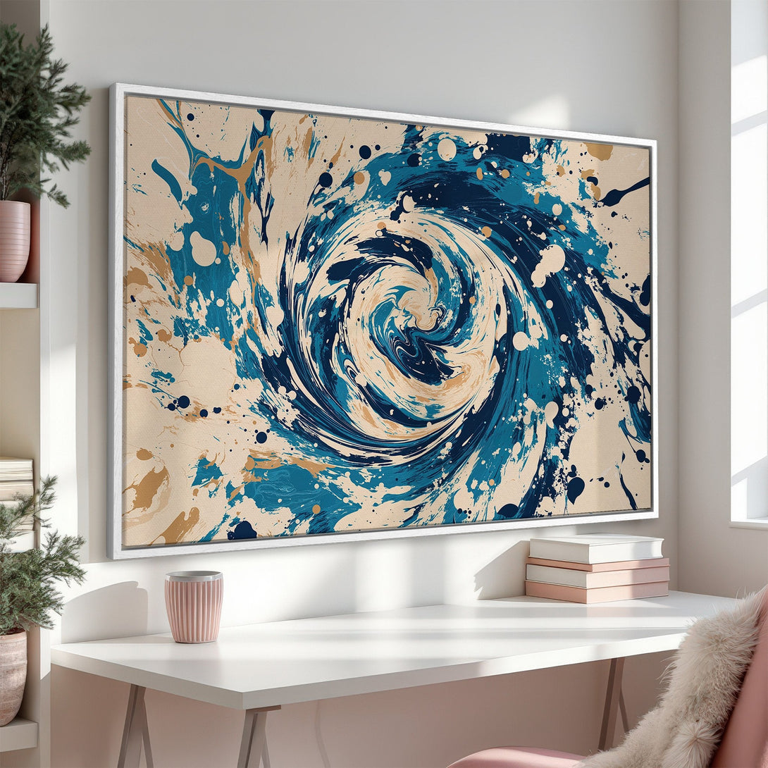 Framed Wall Art: Abstract swirl design in blue, beige, and gold. Modern art Canvas Print adds a stylish pop of color to any interior.