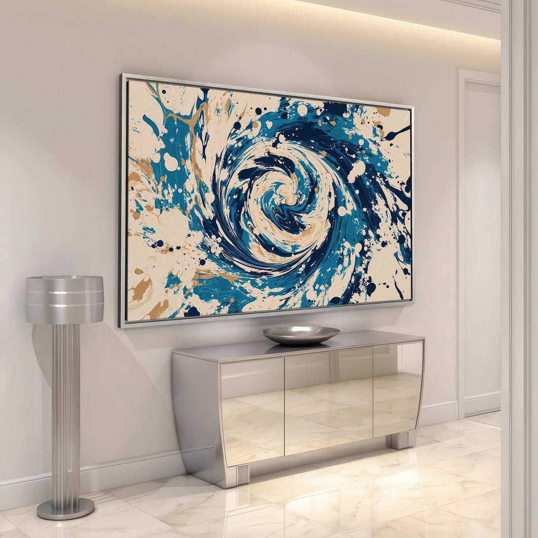Framed Wall Art: Abstract blue & beige swirl canvas print. Modern art for home decor. Enhance your space with this stylish artwork.