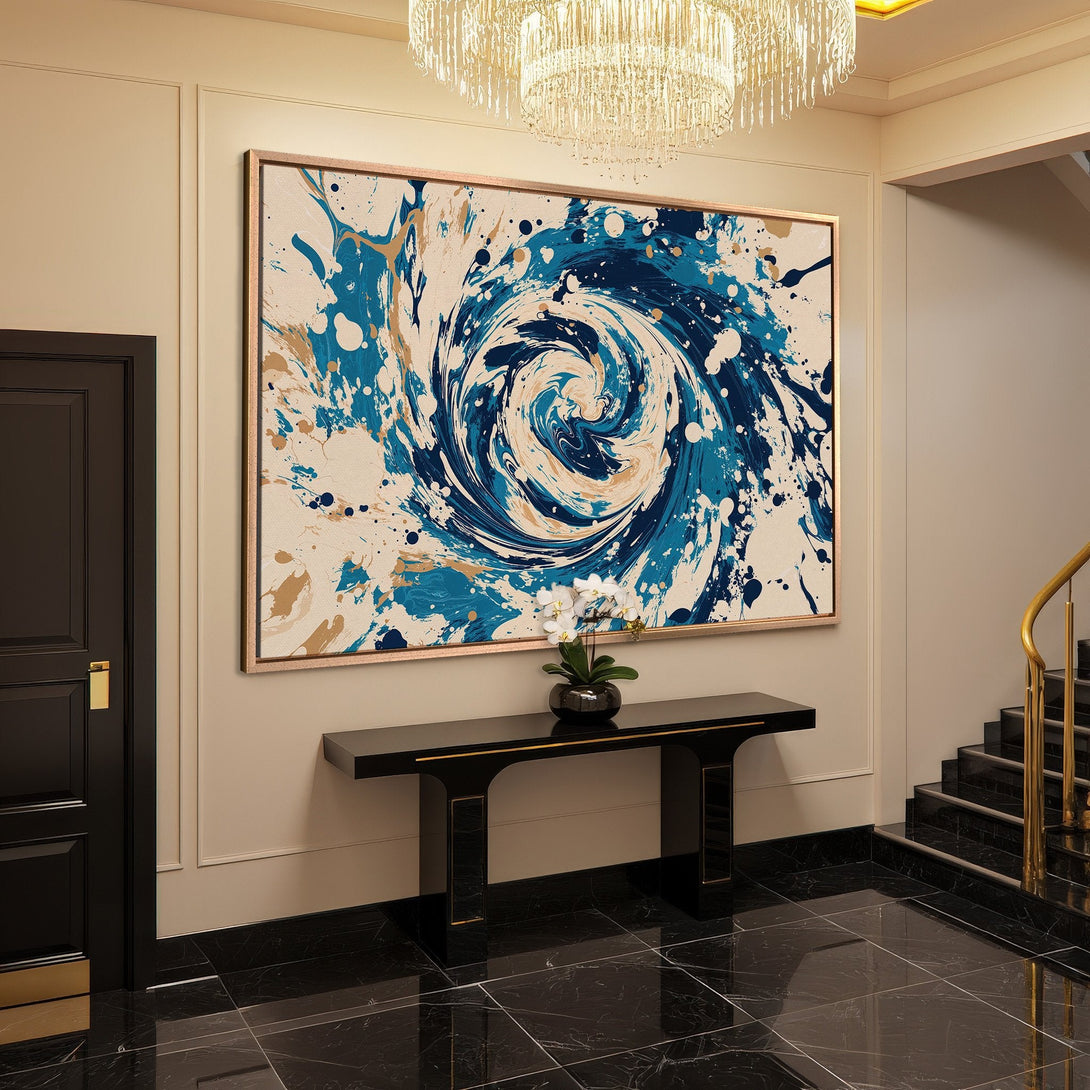 Framed Wall Art: Abstract blue & gold swirl canvas print, perfect for modern decor. Add a touch of elegance to your home with this stunning artwork.