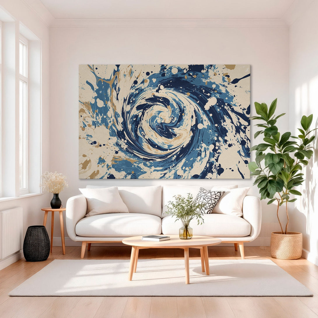 Framed Wall Art: Abstract blue and gold swirl canvas print. Modern art for home decor, adding a splash of color and style to any room.