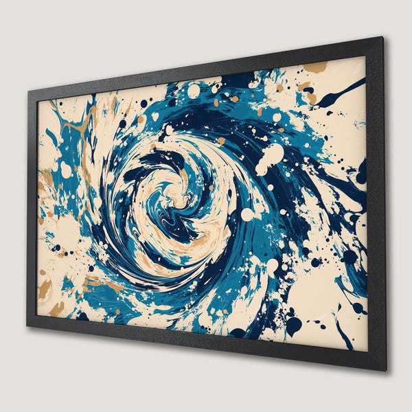 Framed Poster featuring abstract swirl art in a blue, beige, and gold color palette. Modern art print for home decor.