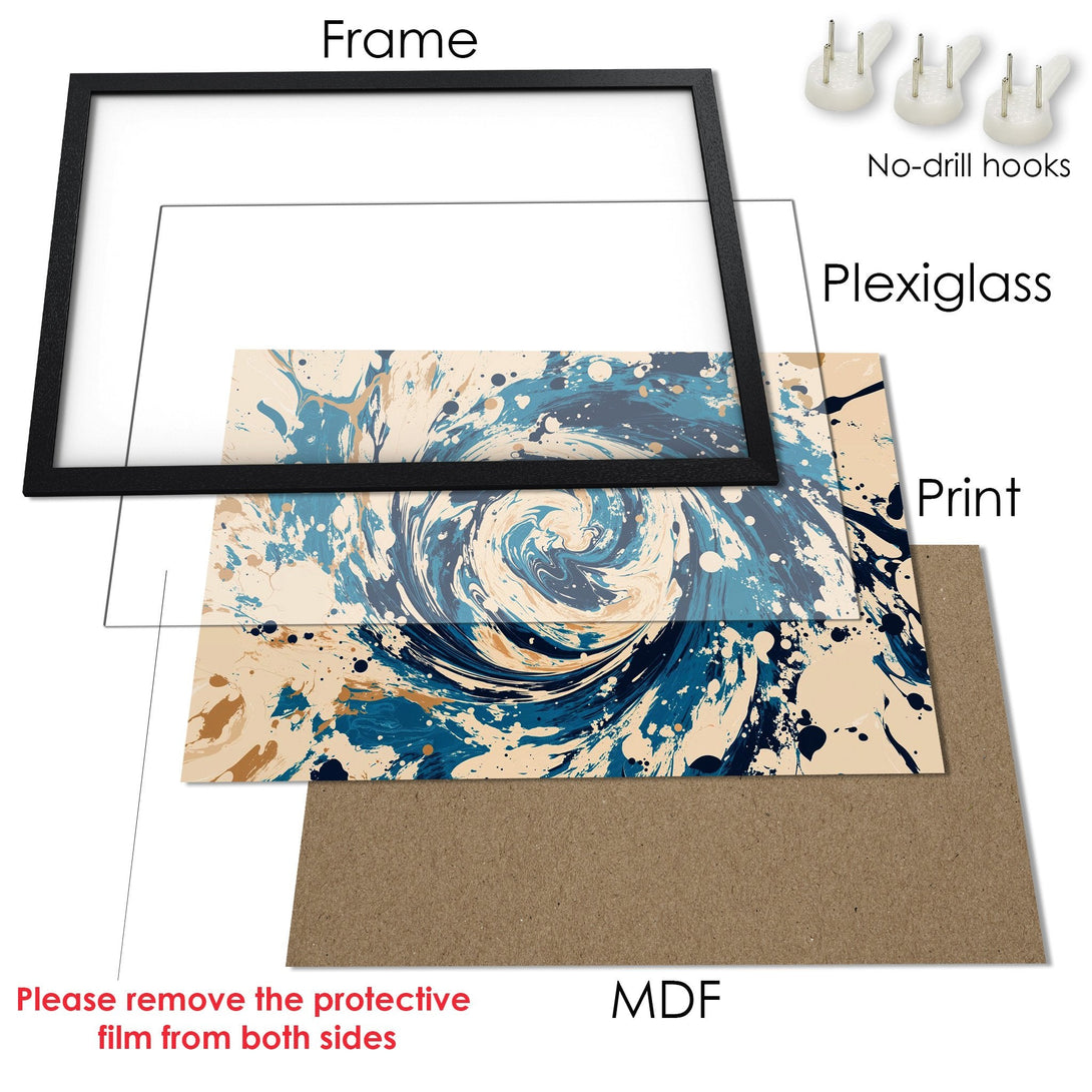 Framed Poster: Abstract art print in blue, beige, and brown. Modern style, perfect for any decor. Add artistic flair with this beautiful poster.