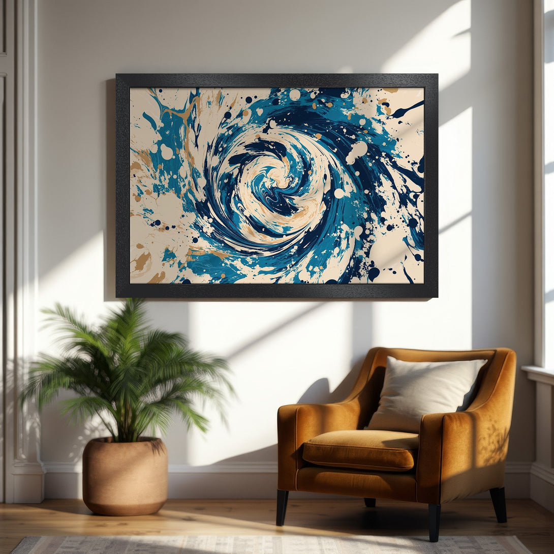 Framed Poster: Abstract art print in blue, gold, and cream. Modern wall art decor for your home.