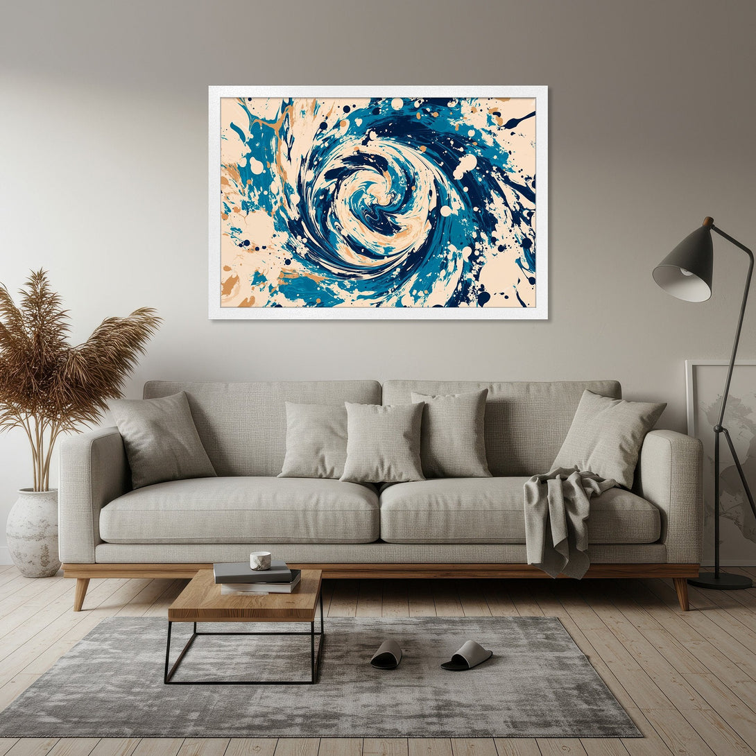 Framed Poster featuring abstract swirl art in blue, beige, and white. Modern art print for home decor.