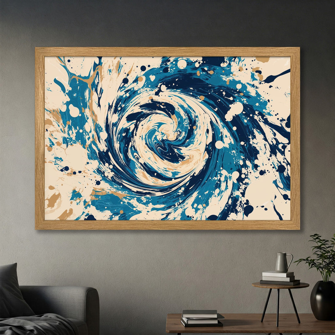 Framed Poster featuring abstract swirl art in blue, beige, and gold. Add a splash of art to your space!