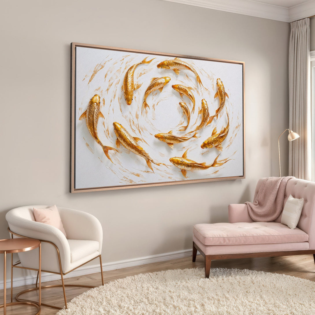 Framed Wall Art: Stunning gold koi fish canvas print in a modern interior. Warm neutral and gold color palette, perfect for home decor.