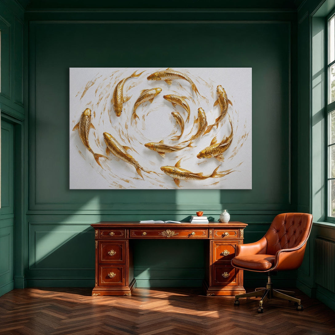 Framed Wall Art: Gold koi fish painting on white canvas. Modern style with gold and white color palette, perfect for dining room decor.