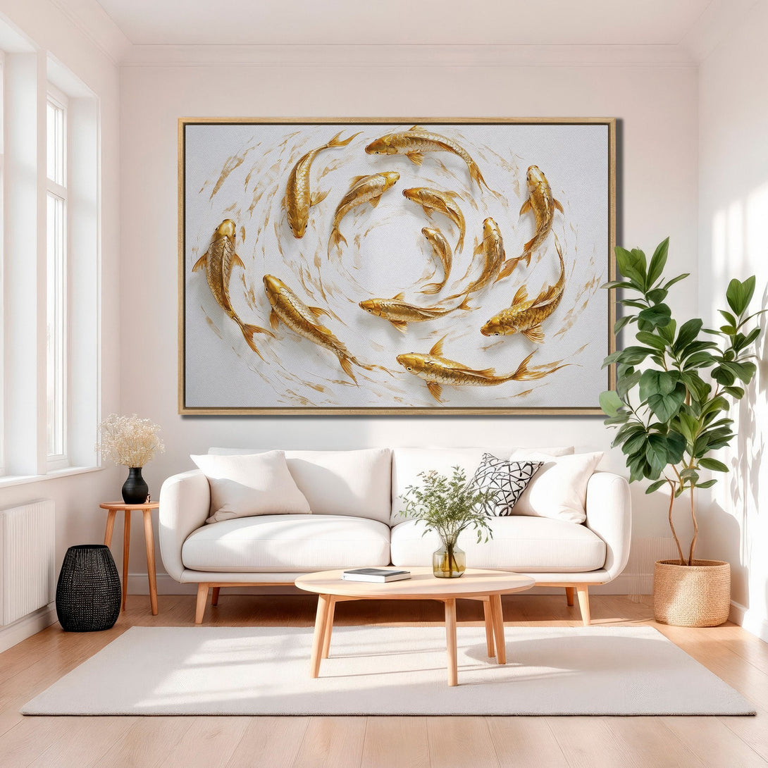 Framed Wall Art featuring golden koi fish in a modern style. Neutral white and gold color palette adds elegance to any living room or home decor.
